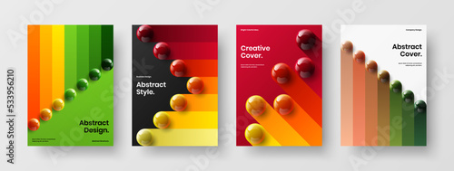 Original 3D spheres company brochure layout set. Fresh front page A4 design vector concept composition.