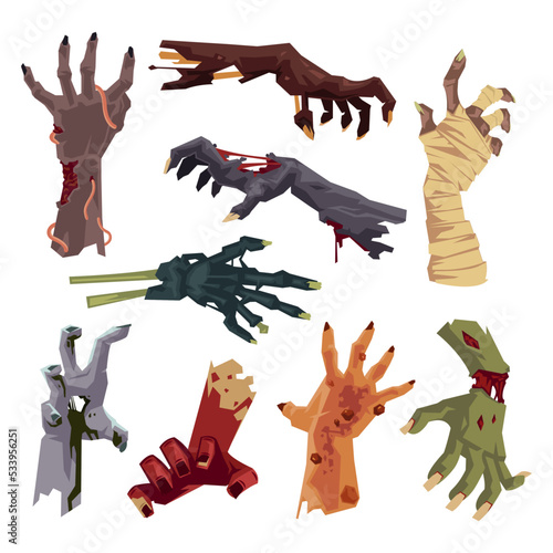 Zombie hands vector illustrations set. Rotting arms on white background. Horror, walking dead, monsters for Halloween. Halloween concept