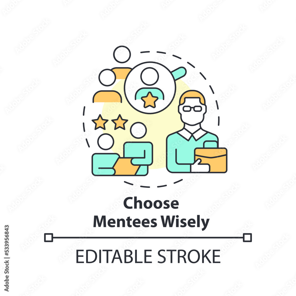Choose mentees wisely concept icon. Tip for mentor abstract idea thin line illustration. Select potential trainees. Isolated outline drawing. Editable stroke. Arial, Myriad Pro-Bold fonts used Choose mentees wisely concept icon. Tip for mentor abstract idea thin line illustration. Select potential trainees. Isolated outline drawing. Editable stroke. Arial, Myriad Pro-Bold fonts used
