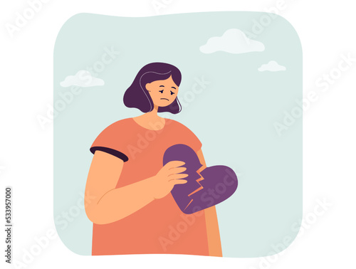 Sad depressed woman holding broken heart. Heartbreak and sorrow of lonely person flat vector illustration. Love rejection, relationship, hurt concept for banner, website design or landing web page