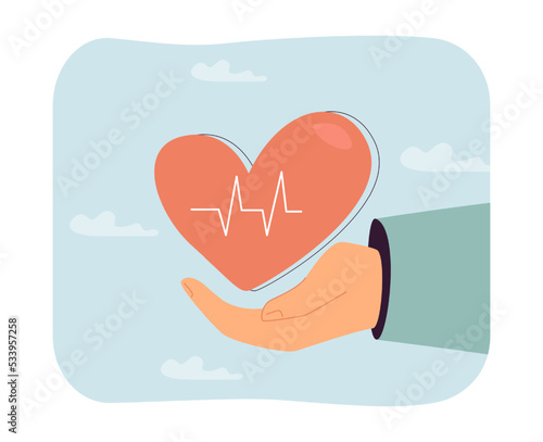 Hand holding red heart with pulse. Medical support for person with cardiac disease flat vector illustration. World Heart Day, cardiology concept for banner, website design or landing web page