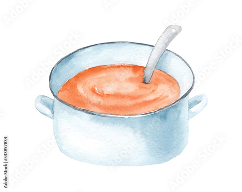 Pot with soup. Watercolor hand drawn illustration isolated on white background