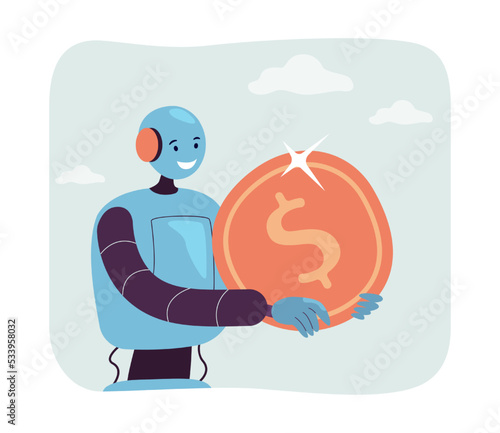 Trading tiny robot holding dollar coin. Automation of currency exchange using online bots flat vector illustration. Automatic program, finance concept for banner, website design or landing web page