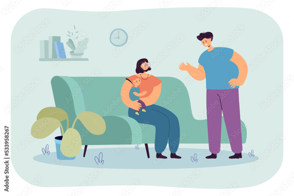 Angry husband yelling at wife sitting on home sofa. Sad woman holding unhappy child flat vector illustration. Family conflict, fight, violence concept for banner, website design or landing web page Angry husband yelling at wife sitting on home sofa. Sad woman holding unhappy child flat vector illustration. Family conflict, fight, violence concept for banner, website design or landing web page