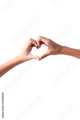 Kids hand making a heart shape sign on a white background