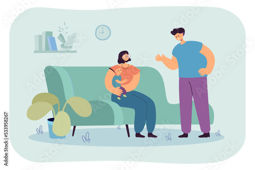 Angry husband yelling at wife sitting on home sofa. Sad woman holding unhappy child flat vector illustration. Family conflict, fight, violence concept for banner, website design or landing web page