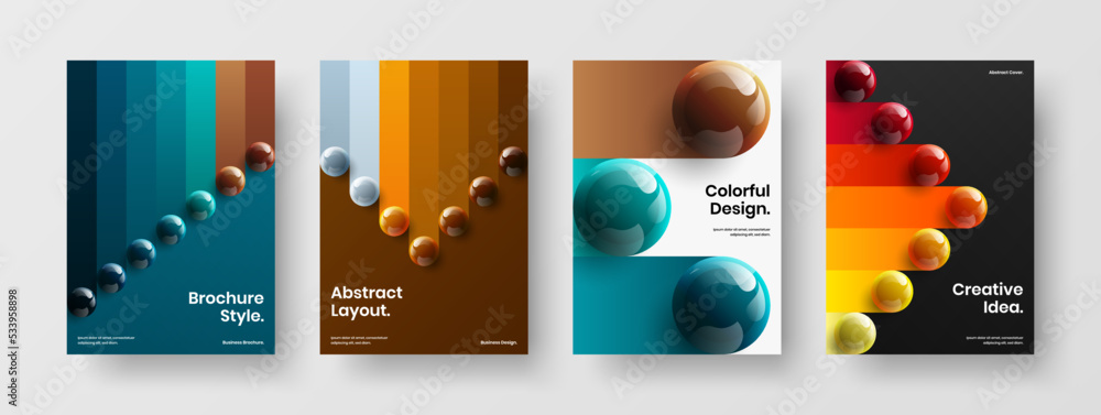 Modern catalog cover design vector layout collection. Minimalistic 3D spheres company identity concept composition.