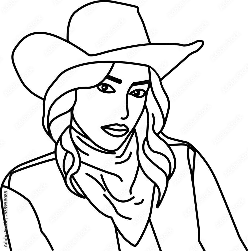 Cowgirl woman poses holding hat, fringed jacket in line art style. Modern western style art for prints, print for t-shirts, posters, textiles, cards, and others Cowgirl woman poses holding hat, fringed jacket in line art style. Modern western style art for prints, print for t-shirts, posters, textiles, cards, and others