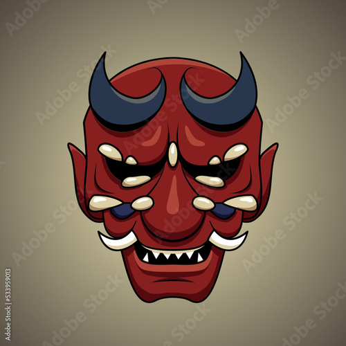 Vector illustration of Japanese style red devil oni mask cartoon. Print, illustration, logo design