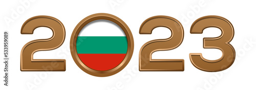 2023 gold number with the flag of Bulgaria inside. 2023 number logo text design isolated on white. Vector illustration