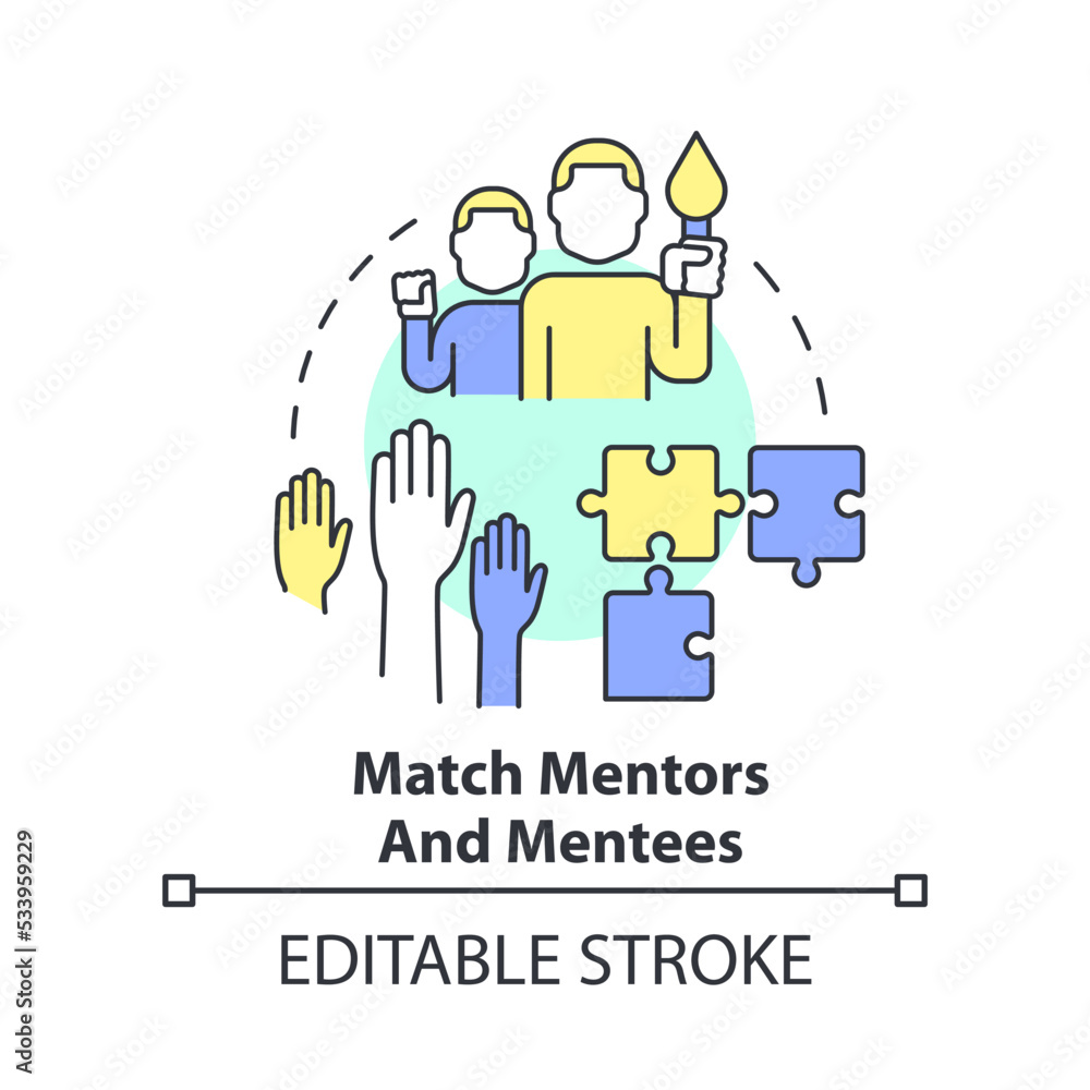 Match mentors and mentees concept icon. Path to effective mentoring abstract idea thin line illustration. Identify members. Isolated outline drawing. Editable stroke. Arial, Myriad Pro-Bold fonts used Match mentors and mentees concept icon. Path to effective mentoring abstract idea thin line illustration. Identify members. Isolated outline drawing. Editable stroke. Arial, Myriad Pro-Bold fonts used