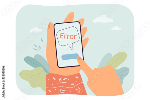 Female hands holding phone with alert error message on screen. Push notification in smartphone of woman flat vector illustration. Security concept for banner, website design or landing web page