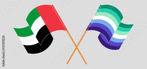 Crossed and waving flags of the United Arab Emirates and gay men pride