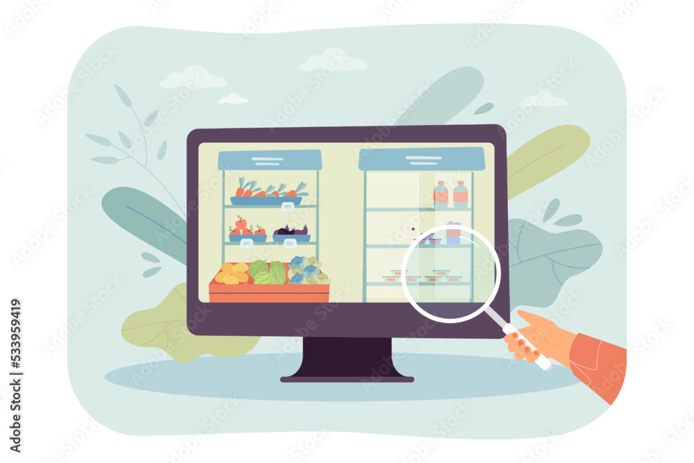 Online food search on computer screen by customer. Hand of person holding magnifying glass flat vector illustration. Grocery store, order concept for banner, website design or landing web page Online food search on computer screen by customer. Hand of person holding magnifying glass flat vector illustration. Grocery store, order concept for banner, website design or landing web page