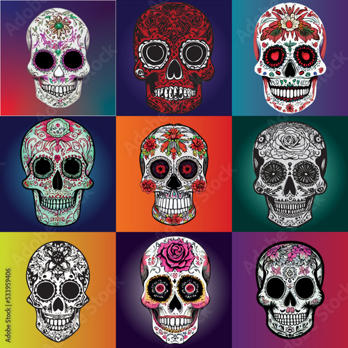sugar skull mexican catrina vector logo. Set 