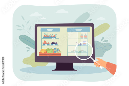 Online food search on computer screen by customer. Hand of person holding magnifying glass flat vector illustration. Grocery store, order concept for banner, website design or landing web page