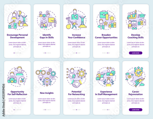 Effective mentoring program signs onboarding mobile app screen set. Walkthrough 5 steps editable graphic instructions with linear concepts. UI, UX, GUI template. Myriad Pro-Bold, Regular fonts used