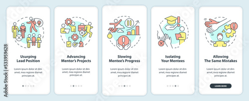 Mentorship malpractices onboarding mobile app screen. Isolating mentee walkthrough 5 steps editable graphic instructions with linear concepts. UI, UX, GUI template. Myriad Pro-Bold, Regular fonts used