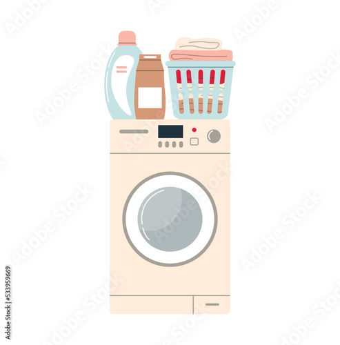 Concept of washing clothes. Washing machine and laundry basket. Soap powder for washing. Linen conditioner. Isolated flat vector illustration.