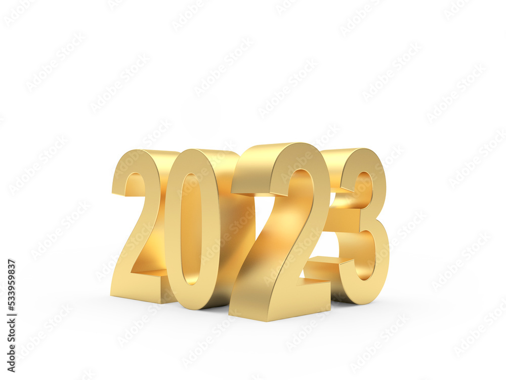 Golden number 2023 New Year on white. 3D illustration Golden number 2023 New Year on white. 3D illustration