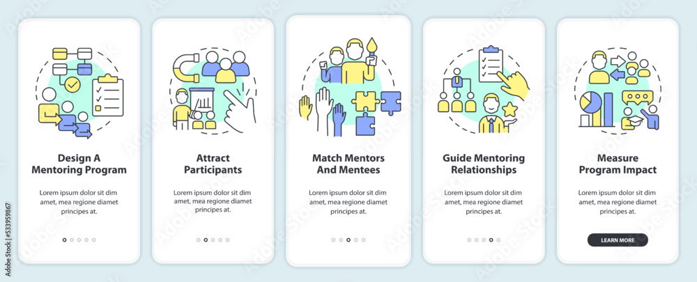Successful mentoring process onboarding mobile app screen. Walkthrough 5 steps editable graphic instructions with linear concepts. UI, UX, GUI template. Myriad Pro-Bold, Regular fonts used Successful mentoring process onboarding mobile app screen. Walkthrough 5 steps editable graphic instructions with linear concepts. UI, UX, GUI template. Myriad Pro-Bold, Regular fonts used