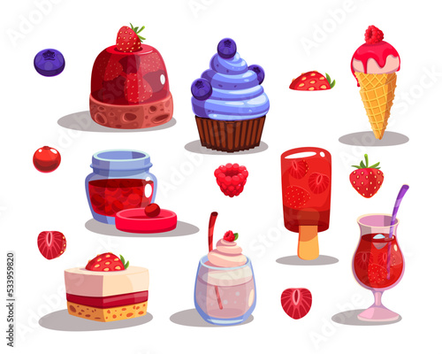 Various berry desserts cartoon illustration set. Raspberry ice-cream cone, strawberry milkshake, drink, shake or smoothie, blueberry cupcake, panna cotta and fruit jelly. Sweet course, menu concept