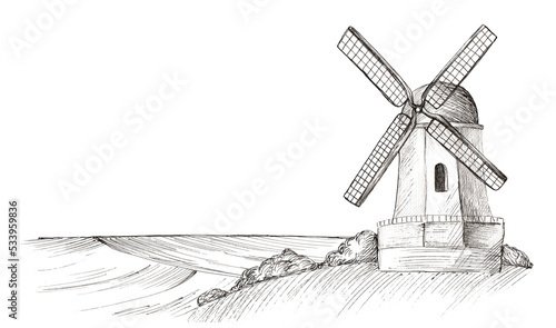 Rural landscape with windmill and fields. Hand drawn in engraving style. photo