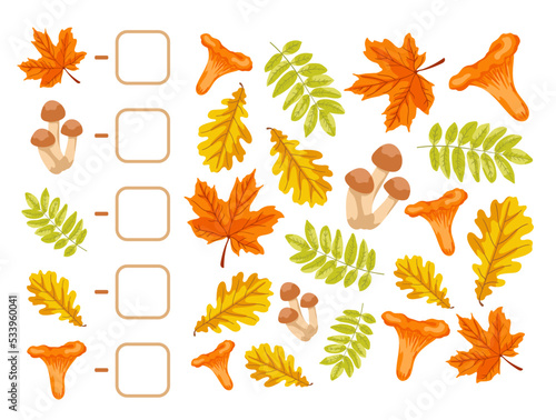 Worksheet with foliage for kids vector illustrations set. Different tree leaves for learning about forest, math activity or counting game for children. Autumn or fall, education concept