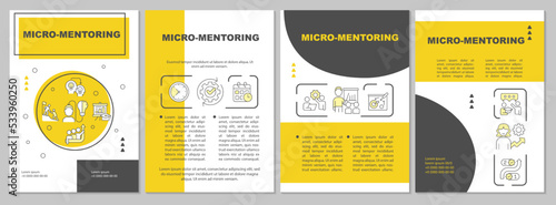 Micro mentor approach yellow brochure template. Dynamic coaching. Leaflet design with linear icons. Editable 4 vector layouts for presentation, annual reports. Arial, Myriad Pro-Regular fonts used