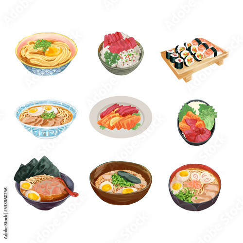 Set of Watercolor Japanese Food Vector Illustration