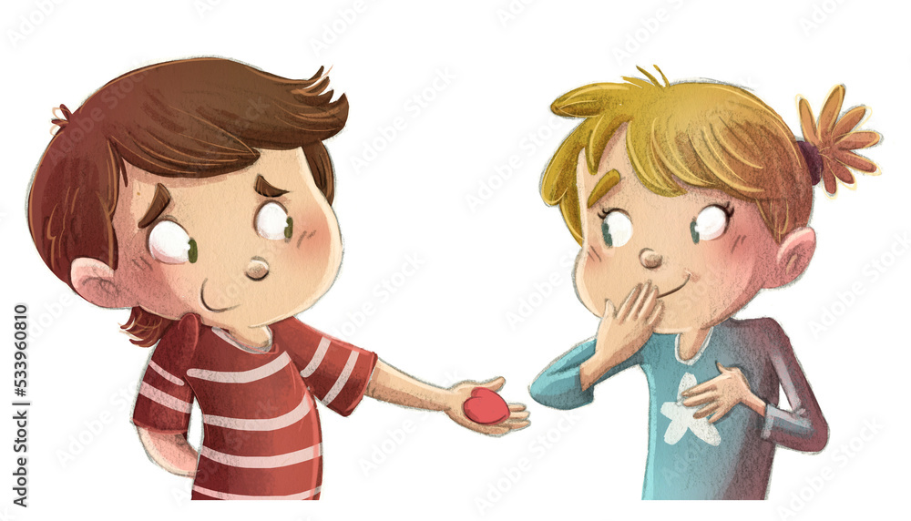 Illustration of children in love giving a heart Illustration of children in love giving a heart