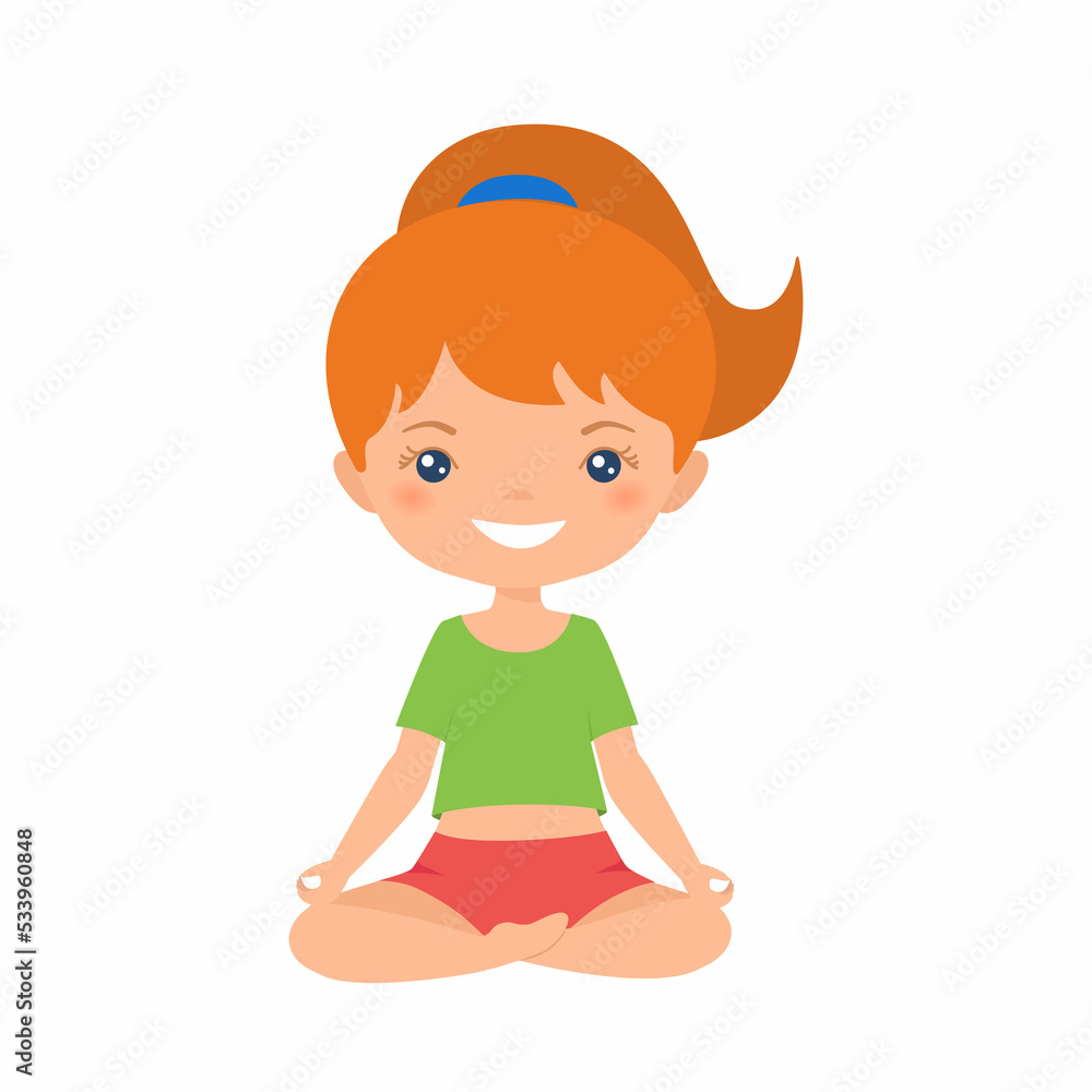 Cute chibi girl doing yoga. Happy childhood concept. Cartoon flat style