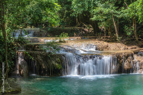 Landscape view of Erawan waterfall kanchanaburi thailand.Erawan National Park is home to one of the most popular falls in the thailand.