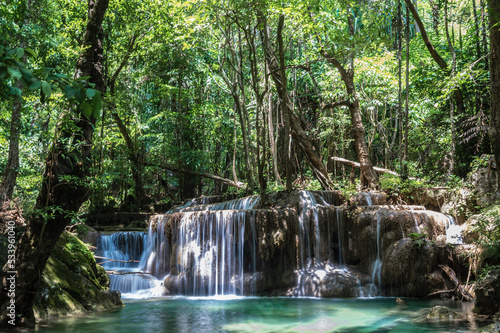 Landscape view of Erawan waterfall kanchanaburi thailand.Erawan National Park is home to one of the most popular falls in the thailand.fifth level of Erawan waterfall “Buea Mai Long”
