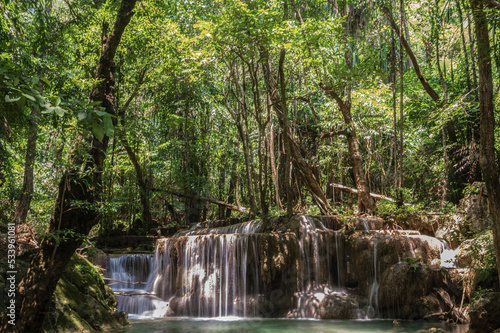 Landscape view of Erawan waterfall kanchanaburi thailand.Erawan National Park is home to one of the most popular falls in the thailand.fifth level of Erawan waterfall “Buea Mai Long”
