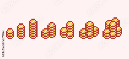 Golden coins pixel art set. Medals, treasure reward, stack of money collection. 8-bit sprite. Game development, mobile app. Isolated vector illustration.