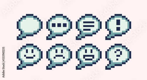 Social reaction round bubble pixel art set. Smile, laugh, sad emotions collection. Text cloud. 8 bit sprite. Game development, mobile app. Isolated vector illustration.