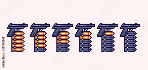 Pistol ammo interface pixel art set. Gun bullets battery collection.  8 bit sprite. Game development, mobile app.  Isolated vector illustration.