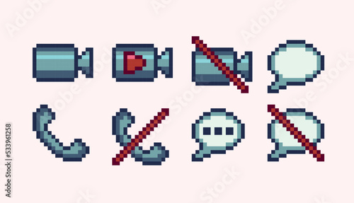 Communication pixel art icons. Video, phone call, speech allowed or not. 8 bit sprite. Game development, mobile app.  Isolated vector illustration.