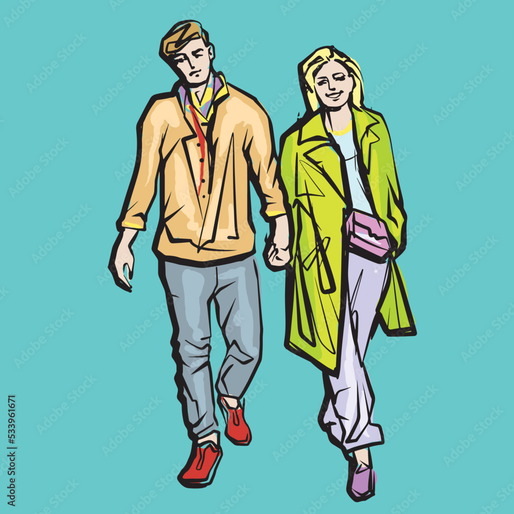 Woman and man on a walk. Sketch of the young couple. Ink drawing Woman and man on a walk. Sketch of the young couple. Ink drawing
