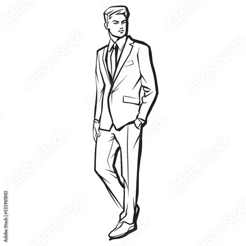Businessman in suit standing, abstract ink drawing vector silhouette. Male fashion model