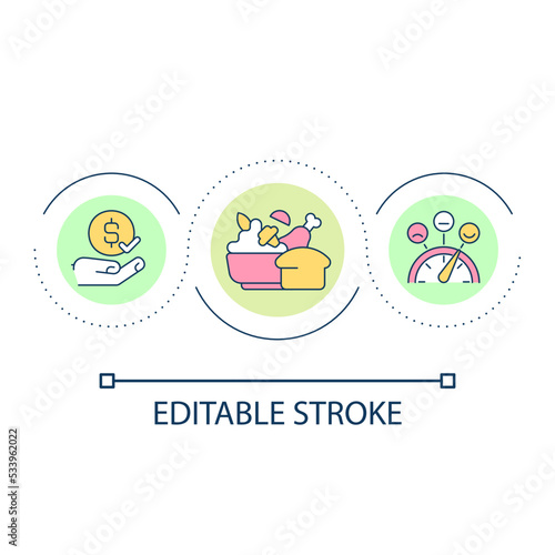 Delicious food for affordable price loop concept icon. Cheap restaurant abstract idea thin line illustration. Customer satisfaction. Isolated outline drawing. Editable stroke. Arial font used