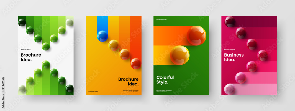 Minimalistic realistic spheres company brochure illustration collection. Unique corporate cover A4 design vector template set.