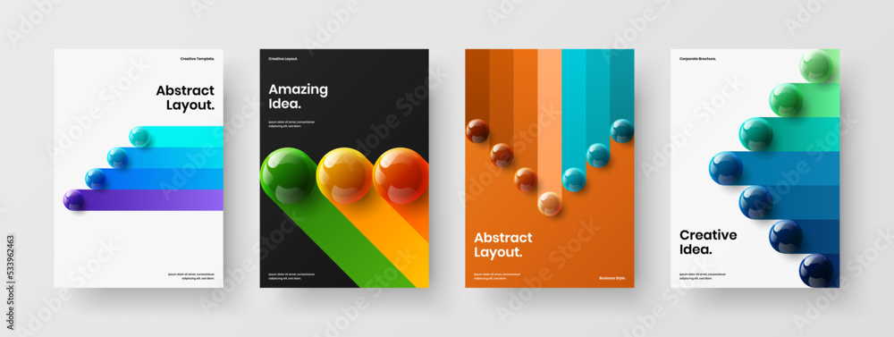 Original corporate brochure vector design template bundle. Fresh 3D balls company identity concept collection.
