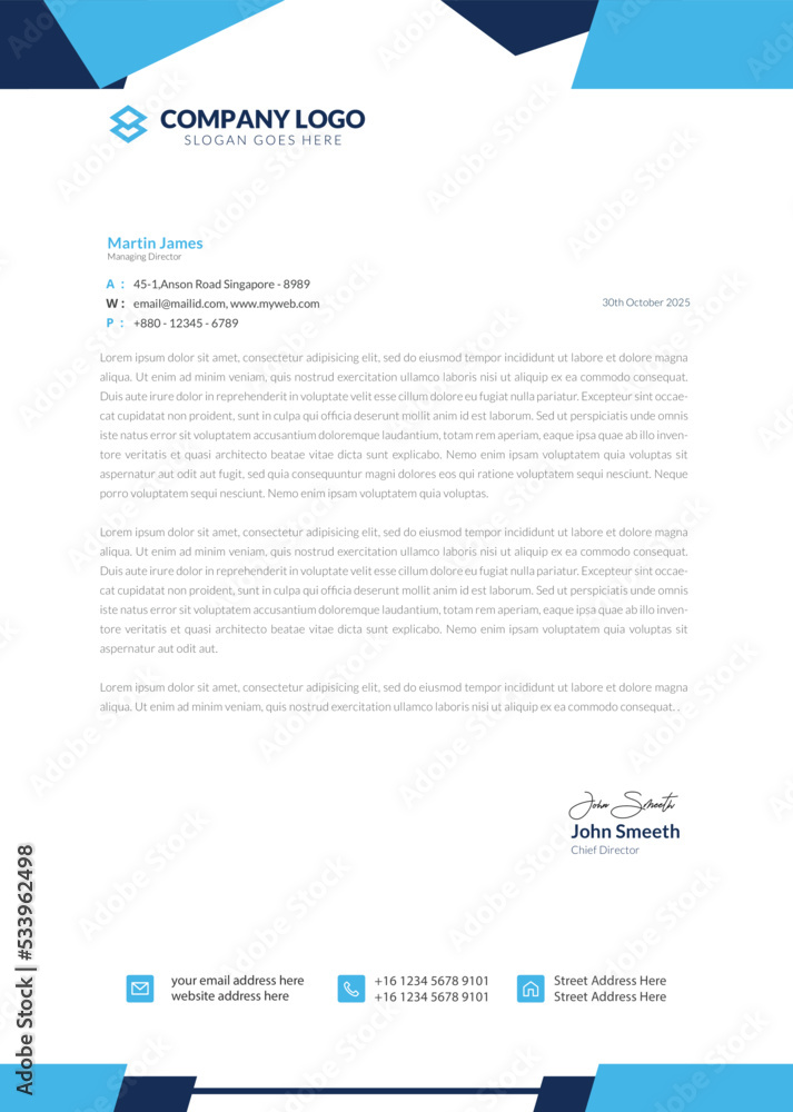 Clean and professional corporate company business letterhead template design Blue Color