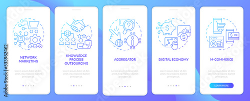 Emerging business trends blue gradient onboarding mobile app screen. Walkthrough 5 steps graphic instructions with linear concepts. UI, UX, GUI template. Myriad Pro-Bold, Regular fonts used