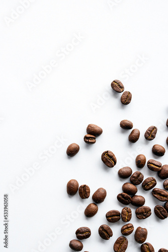 coffee bean on white table background. top view. space for text