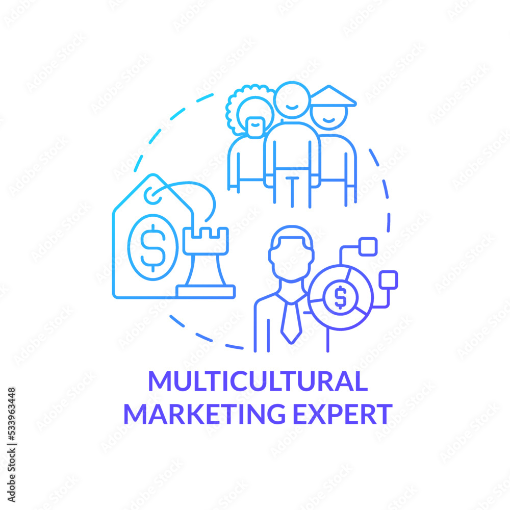Multicultural marketing expert blue gradient concept icon. Diversity. In demand small business idea abstract idea thin line illustration. Isolated outline drawing. Myriad Pro-Bold font used Multicultural marketing expert blue gradient concept icon. Diversity. In demand small business idea abstract idea thin line illustration. Isolated outline drawing. Myriad Pro-Bold font used