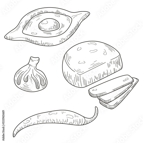 Drawing georgian national food isolated on the white background. Hand drawn khachapuri, khinkali, cheese and pepper. Hand Drawn Georgian Cuisine. Lineart  Illustration