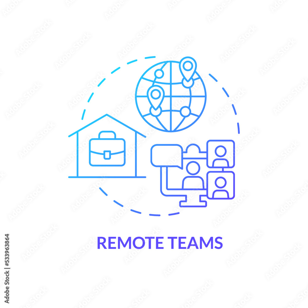 Remote teams blue gradient concept icon. Work from home. Distant communication. Business trend abstract idea thin line illustration. Isolated outline drawing. Myriad Pro-Bold font used Remote teams blue gradient concept icon. Work from home. Distant communication. Business trend abstract idea thin line illustration. Isolated outline drawing. Myriad Pro-Bold font used